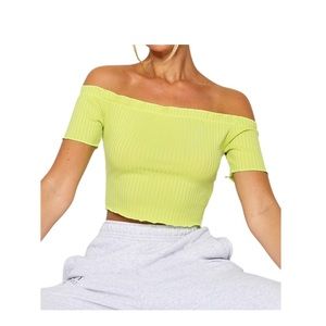 PrettyLittleThing Lime Rib Short Sleeve Bardot Top